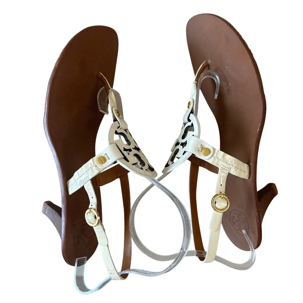 Tory Burch Holly White Patent Double T Kitten Heel Slingback Sandals 9.5